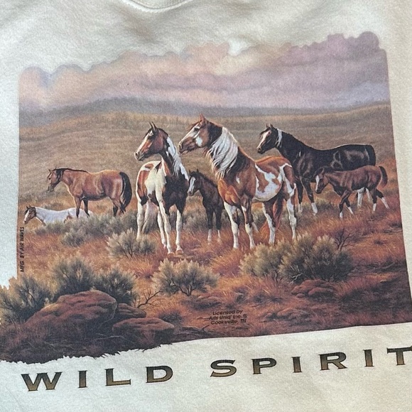 VTG 90s Wild Spirit Horse Graphic Crewneck Sweatshirt Cream - Picture 3 of 4